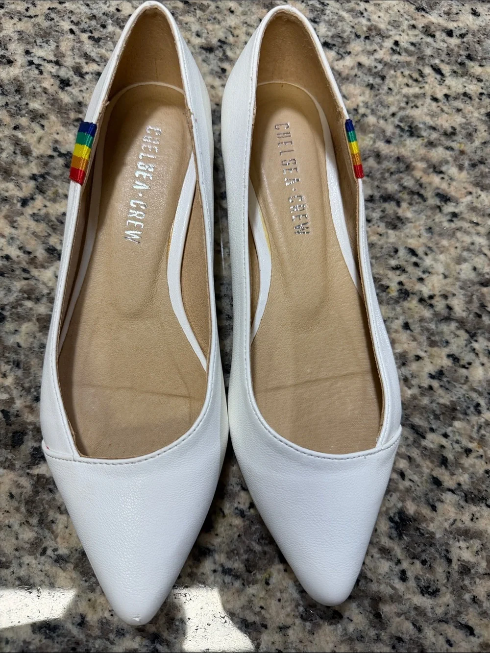 chelsea crew White Pointed-Toe Flats with Rainbow Ribbon Accent